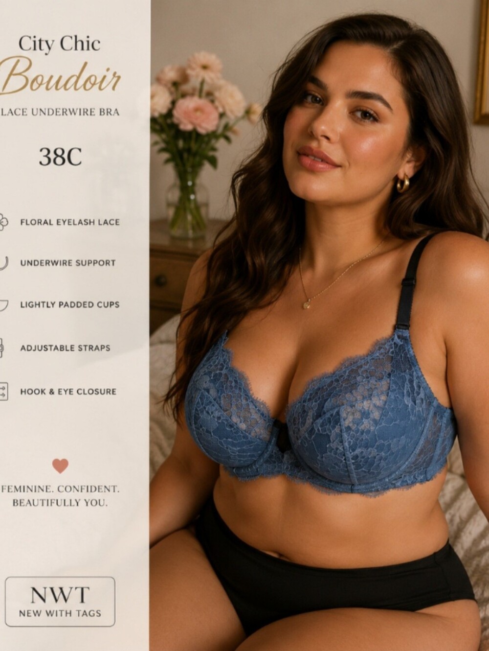 City Chic Boudoir 38C Blue Lace Underwire Bra NWT Eyelash Lace Lingerie